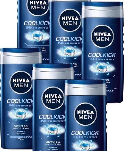 NIVEA MEN Cool Kick Douchegel 3-in-1 - 6x250ml, Verfrissend, Huidverzorging voor Mannen, Energiek gevoel, IJsblauw