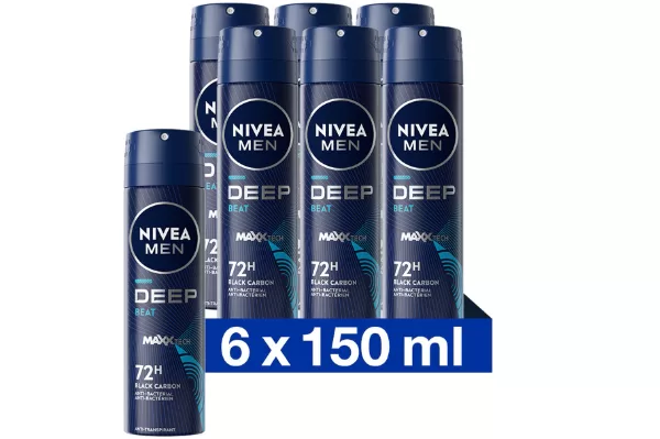 NIVEA MEN Deep Black Carbon Beat Deodorant Spray - 72 uur bescherming, houttonen, antibacterieel, 6 x 150ml voordeelverpakking