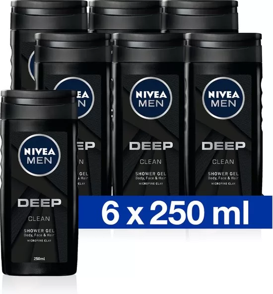 NIVEA MEN DEEP Clean 3-in-1 Douchegel & Shampoo – Voordeelverpakking 6 x 250 ml – Diepe Reiniging & Verfrissing met Natuurlijke Klei