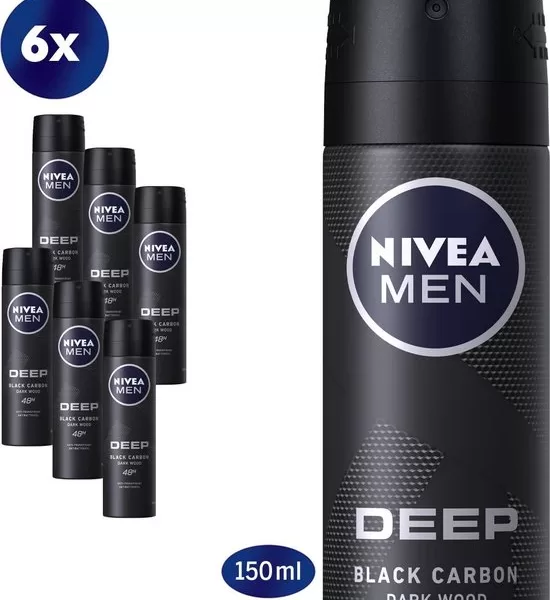 NIVEA MEN Deep Deodorant Spray Voordeelverpakking - 6 x 150ml | 48u Anti-transpirant, Black Carbon, Geur van Dark Wood, Geen Vlekken