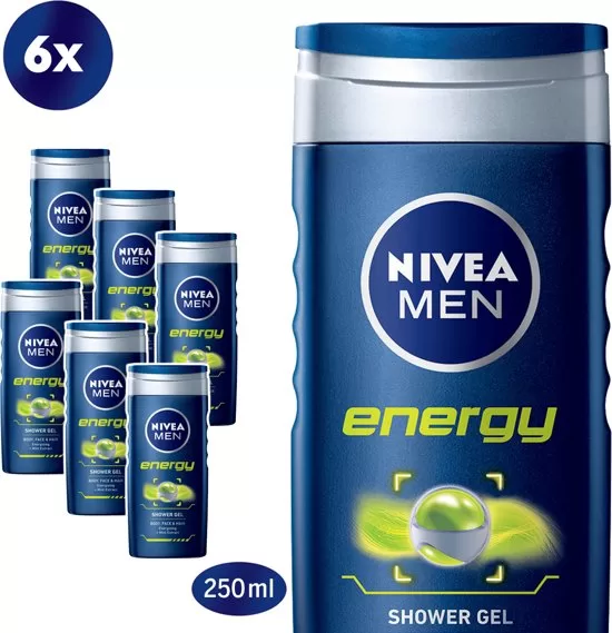 Nivea Men Energy Douchegel 6 x 250 ml – 3-in-1 voor Lichaam, Gezicht & Haar – Verzorging met Mint-Extract – Voordeelverpakking