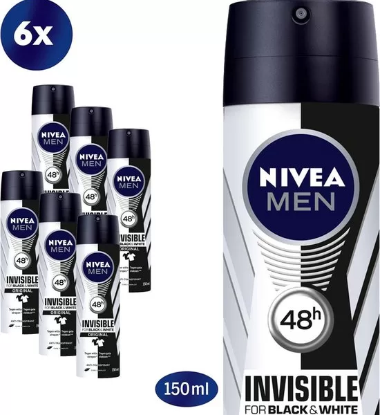 NIVEA MEN Invisible Deodorant Spray 6x150ml - 48u Ur Protectie - Geen Witte Strepen & Gele Vlekken - Voordeelverpakking