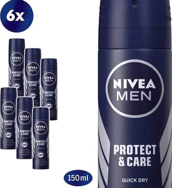 NIVEA MEN Protect & Care Deodorant Spray 6x150ml – 48 uur bescherming, milde verzorging, alcoholvrij, dermatologisch getest, zachte huid