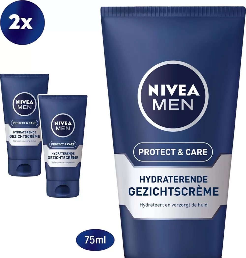 NIVEA MEN Protect & Care Hydraterende Gezichtscrème 2x75ml - Voor Normale & Droge Huid, Met Aloë Vera & Vitamine B5, Kalmerend & Beschermend