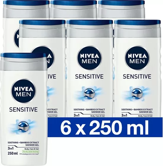 NIVEA MEN Sensitive 3-in-1 Douchegel & Shampoo – Voordeelverpakking 6 x 250 ml – Huidvriendelijk, pH-neutraal, Verzorgt Gevoelige Huid