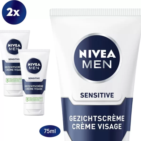 NIVEA MEN Sensitive Gezichtscrème 2x75ml - Alcoholvrij, met Kamille & Hamamelis - Voor Gevoelige Huid, Kalmerend & Verzorgend, Geschikt voor Na het Scheren