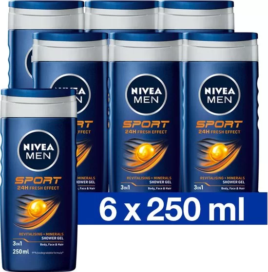 NIVEA MEN Sport Douchegel 3-in-1 - Limoengeur - Shampoo & Verzorging - Voordeelverpakking 6 x 250 ml - Verfrissend voor Huid & Haar