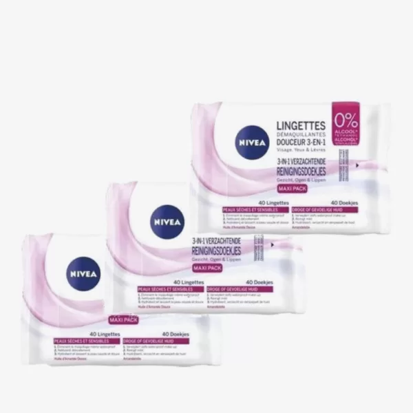 NIVEA Reinigingsdoekjes 0% Alcohol - 3-in-1 voor Gezicht, Ogen & Lippen - Maxi Pack 120 Doekjes - Met Amandelolie, Hydrateert & Verzorgt