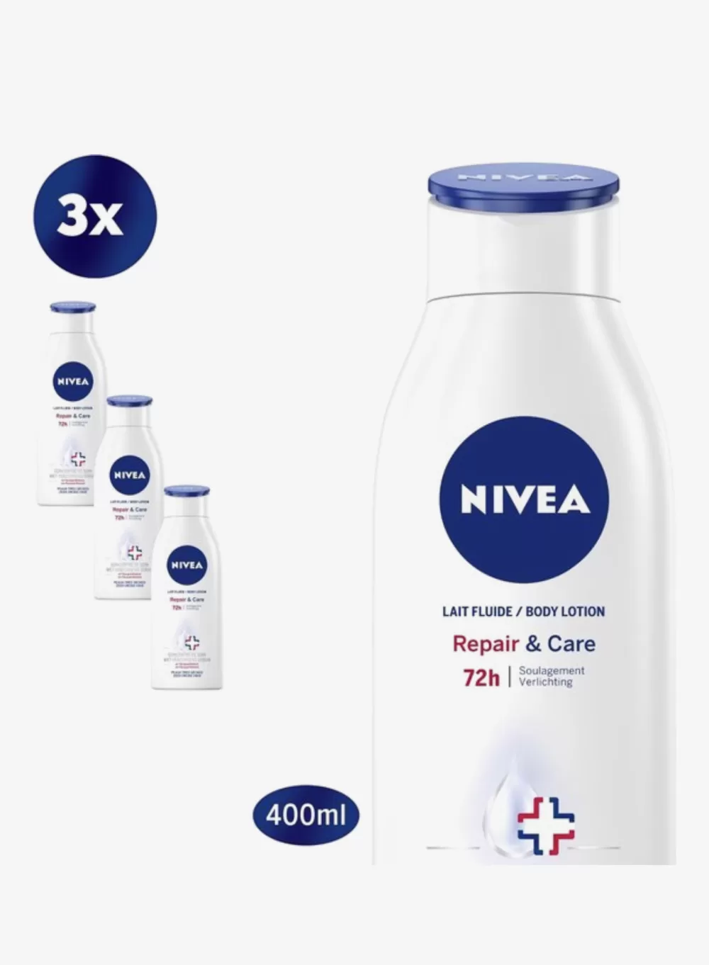 NIVEA Repair & Care Bodylotion 3x400ml - Voordeelverpakking voor Zeer Droge Huid, 72u Hydratatie, Verrijkt met Dexpanthenol & Verzorgend Serum