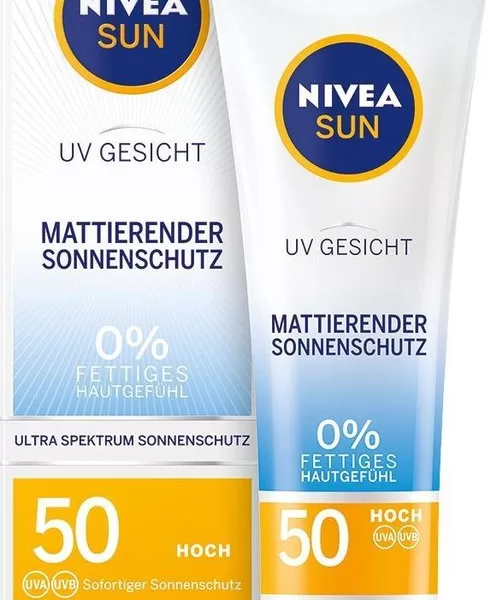 NIVEA SUN Gezichtscrème SPF50 - Matte Hydratatie, 50 ml x2 - Hoge UVA/UVB Bescherming, Niet-vettig, Voor Zijdezachte Huid