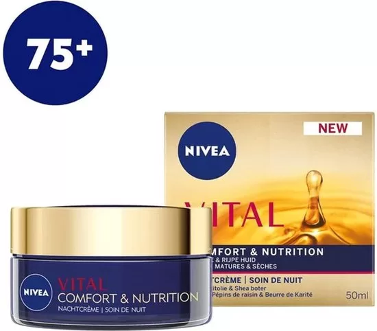 Nivea Vital Comfort & Nutrition Nachtcreme 75+ - 50 ml, Hydratatie & Voeding voor Rijpe, Droge Huid, Rijke Formule, Comfortabel & Soepel