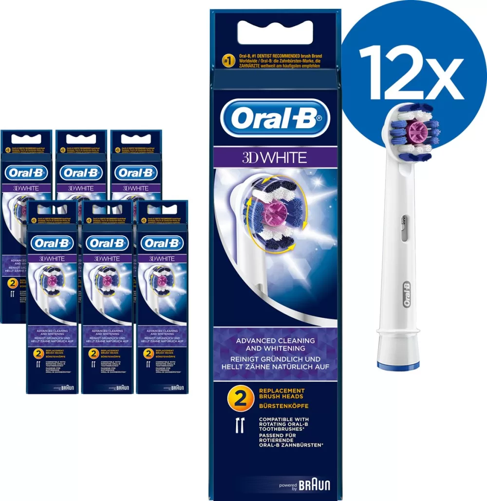 Oral-B 3D White Opzetborstels - 12 Stuks - Verwijdert Tot 100% Meer Tandplak - Voor Wittere Tanden en Gezond Tandvlees