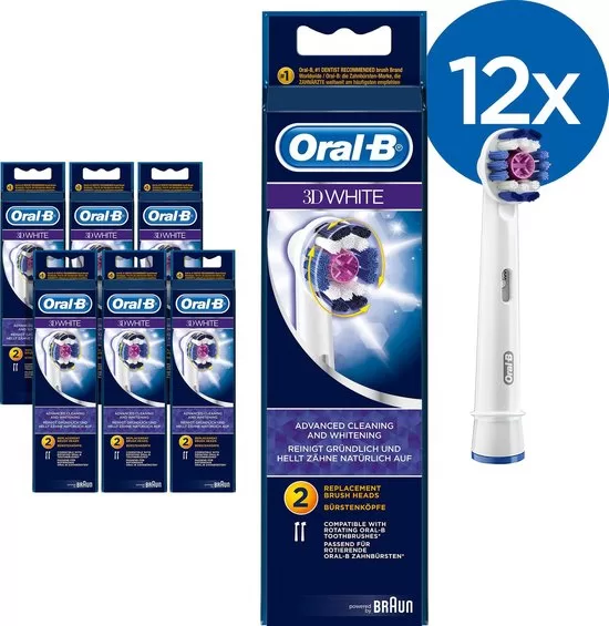 Oral-B 3D White Opzetborstels - 12 Stuks - Voor Wittere Tanden & Betere Reiniging - Geschikt voor Alle Oral-B Handvatten (m.u.v. iO)