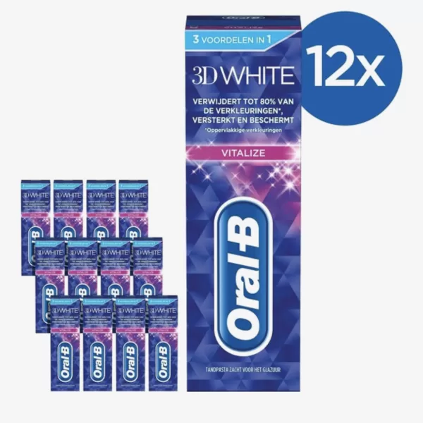 Oral-B 3D White Vitalize - Voordeelverpakking 12x75ml - Whitening, Glazuurveilig, Versterkt, Verkleuringbescherming, Vitaliserende Muntsmaak