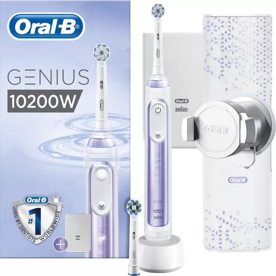 Oral-B Genius 10200W Elektrische Tandenborstel Paars - 6 Poetsstanden, App Connectie, USB Reisetui, Inclusief CrossAction & Sensi UltraThin Opzetborstels