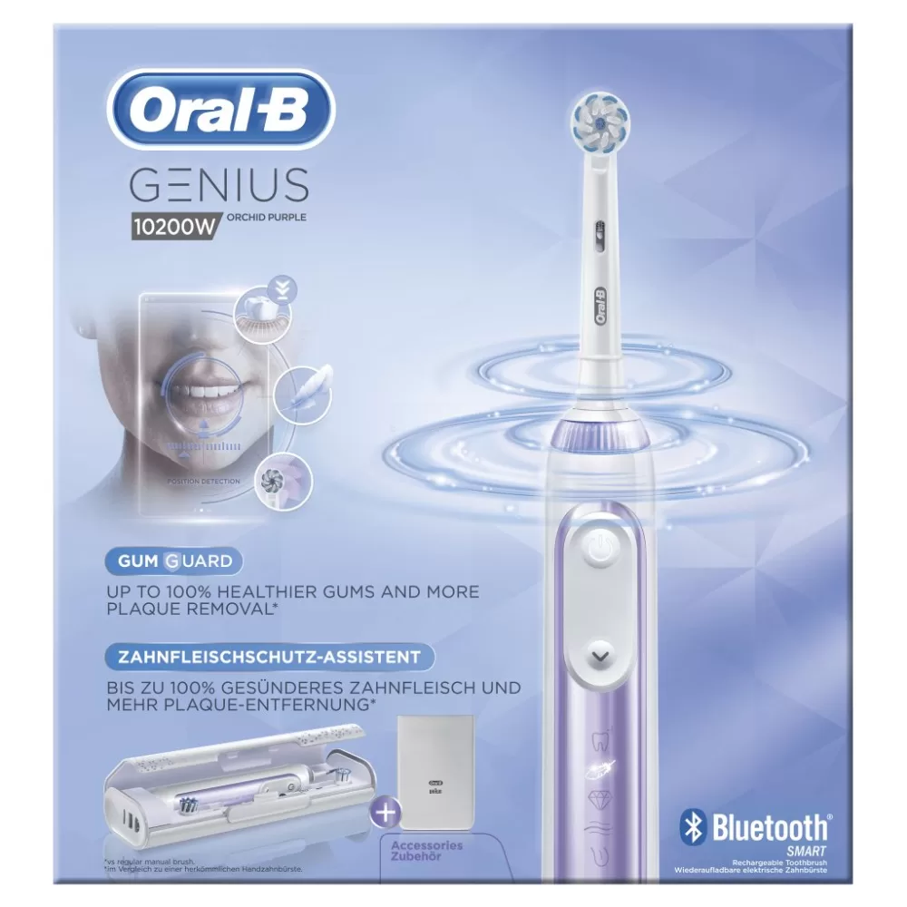 Oral-B Genius 10200W Orchid Purple Elektrische Tandenborstel - 6 Modi, Gum Guard, Bluetooth, Oplaadbaar, Inclusief 2 Opzetborstels, Paars/Wit