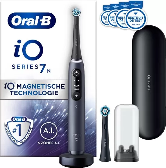 Oral-B iO 7N Elektrische Tandenborstel - Zwart, 5 Poetsstanden, AI App, Poetsdruksensor, Snellader & Reisetui - Gezondere Tanden & Tandvlees