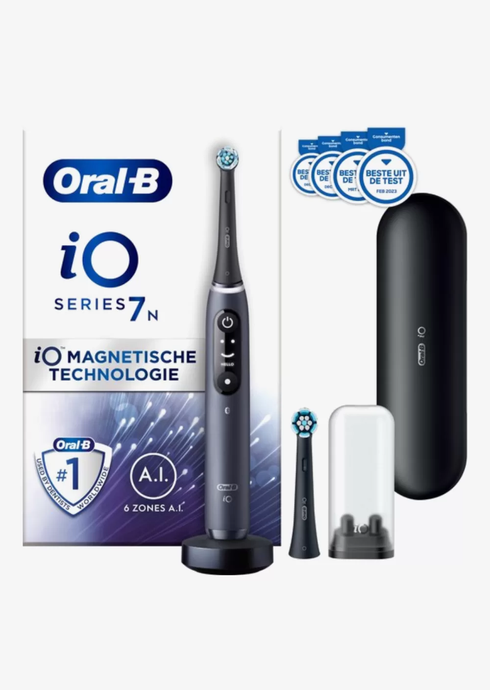 Oral-B IO 7N Elektrische Tandenborstel - Zwart, A.I. Poetsapp, Druksensor, 5 Poetsstanden, 3h Snellader, Reis etui - Geavanceerde Mondverzorging