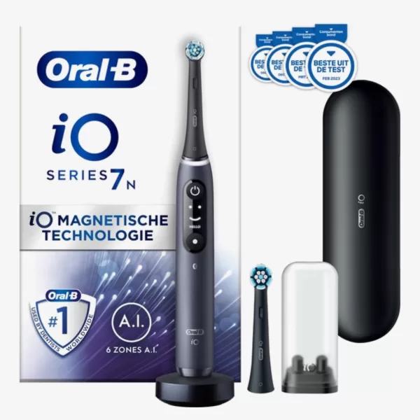 Oral-B IO 7N Elektrische Tandenborstel - Zwart, A.I. Poetsapp, Druksensor, 5 Poetsstanden, 3h Snellader, Reis etui - Geavanceerde Mondverzorging