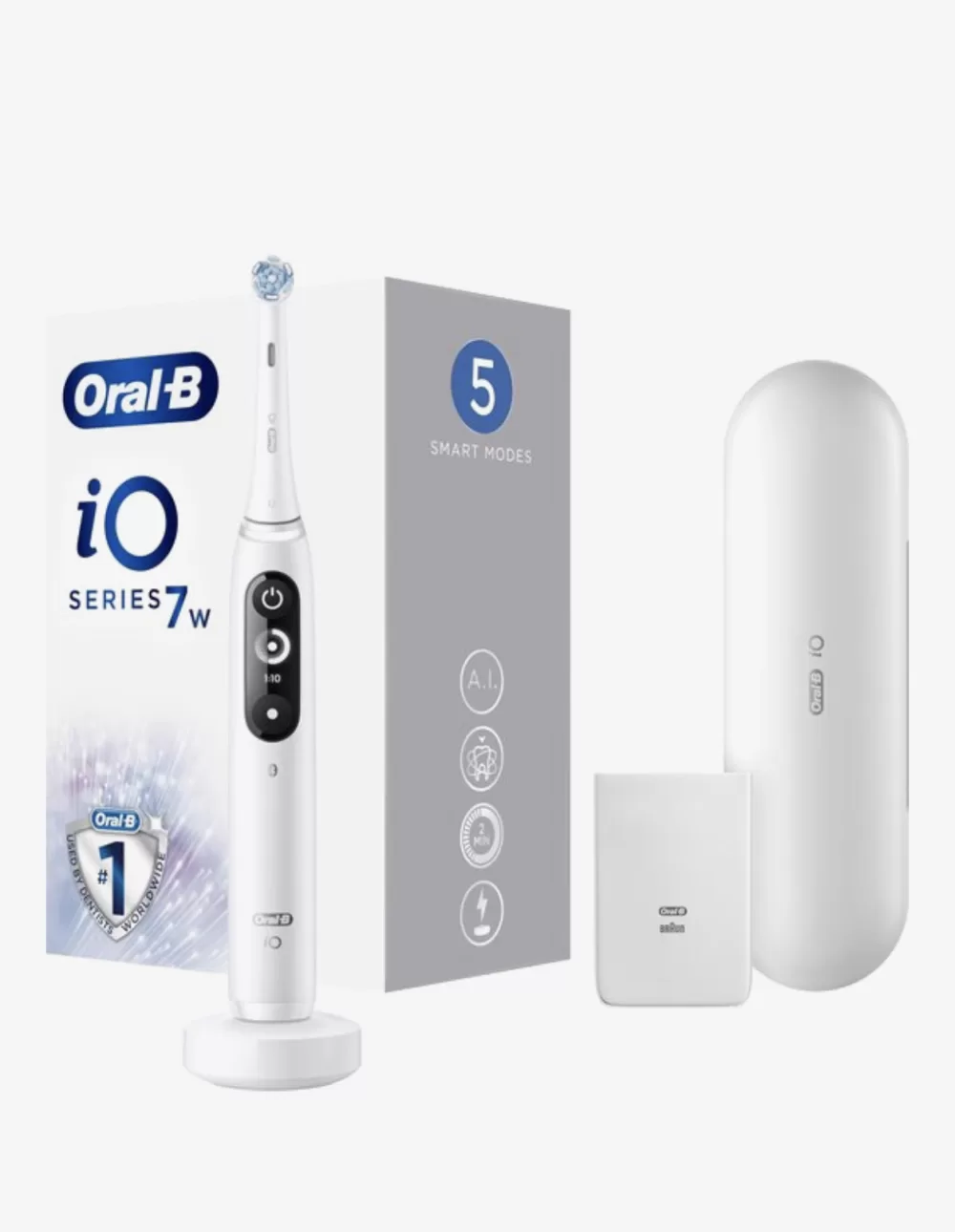 Oral-B iO Series 7W Elektrische Tandenborstel - Wit, Magnetische Technologie, AI, 5 Poetsstanden, Inclusief Premium Reisetui & Oplader.