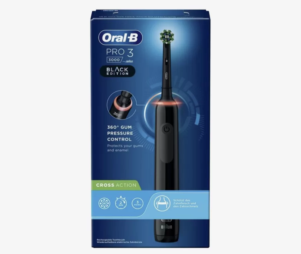 Oral-B Pro 3 3000 Elektrische Tandenborstel met 3 Poetsstanden, Houtskool Borstelharen, 360° Drukcontrole, Timer, Langdurige Batterij