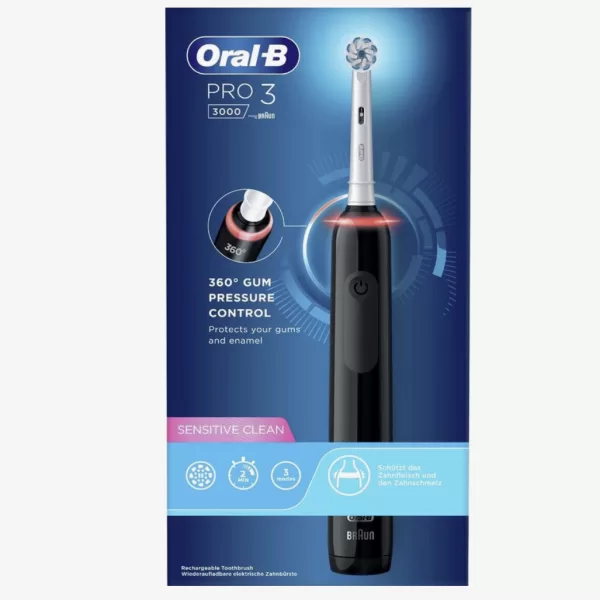 Oral-B Pro 3 3000 Elektrische Tandenborstel - Zwart, 3 Poetsstanden, Houtskool Borstelharen, Drukcontrole, 2 Weken Batterijduur