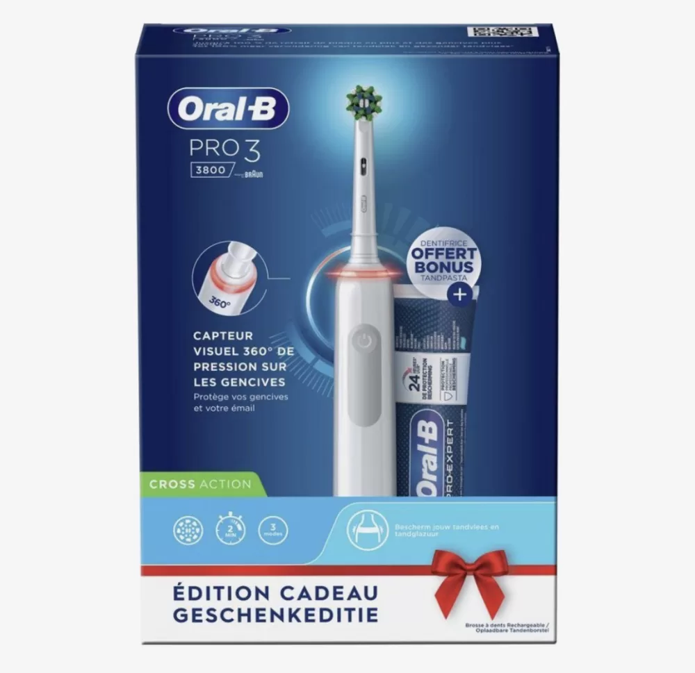 Oral-B Pro 3 3800 - Elektrische Tandenborstel met 3 Poetsstanden + 1 Gratis Tandpasta - 360° Drukcontrole, 2 Weken Accuduur