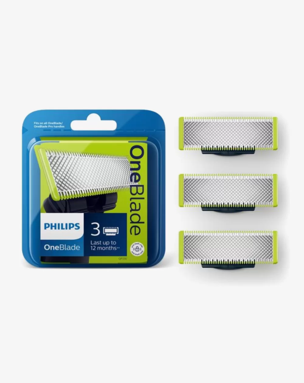 Philips OneBlade QP230/50 Vervangmesjes – 3 Stuks, Dubbel Beschermingssysteem, Duurzaam, Voor Perfect Trimmen en Scheren van Alle Haarlengtes