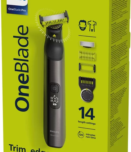 Philips OneBlade QP6551/15 Pro Rasierer – Oplaadbaar, Wasbaar, Display, 120 Min Autonomie, Chromen Design, Geel – Wet & Dry Technologie