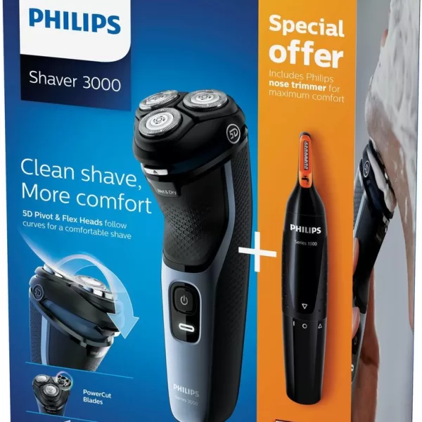 Philips SHAVER Series 3000 Roterend Scheerapparaat mit Trimmer, Zwart, 60 Min Draadloos, Afspoelbaar, Nat Scheren, Turbofunctie, Beschermkap