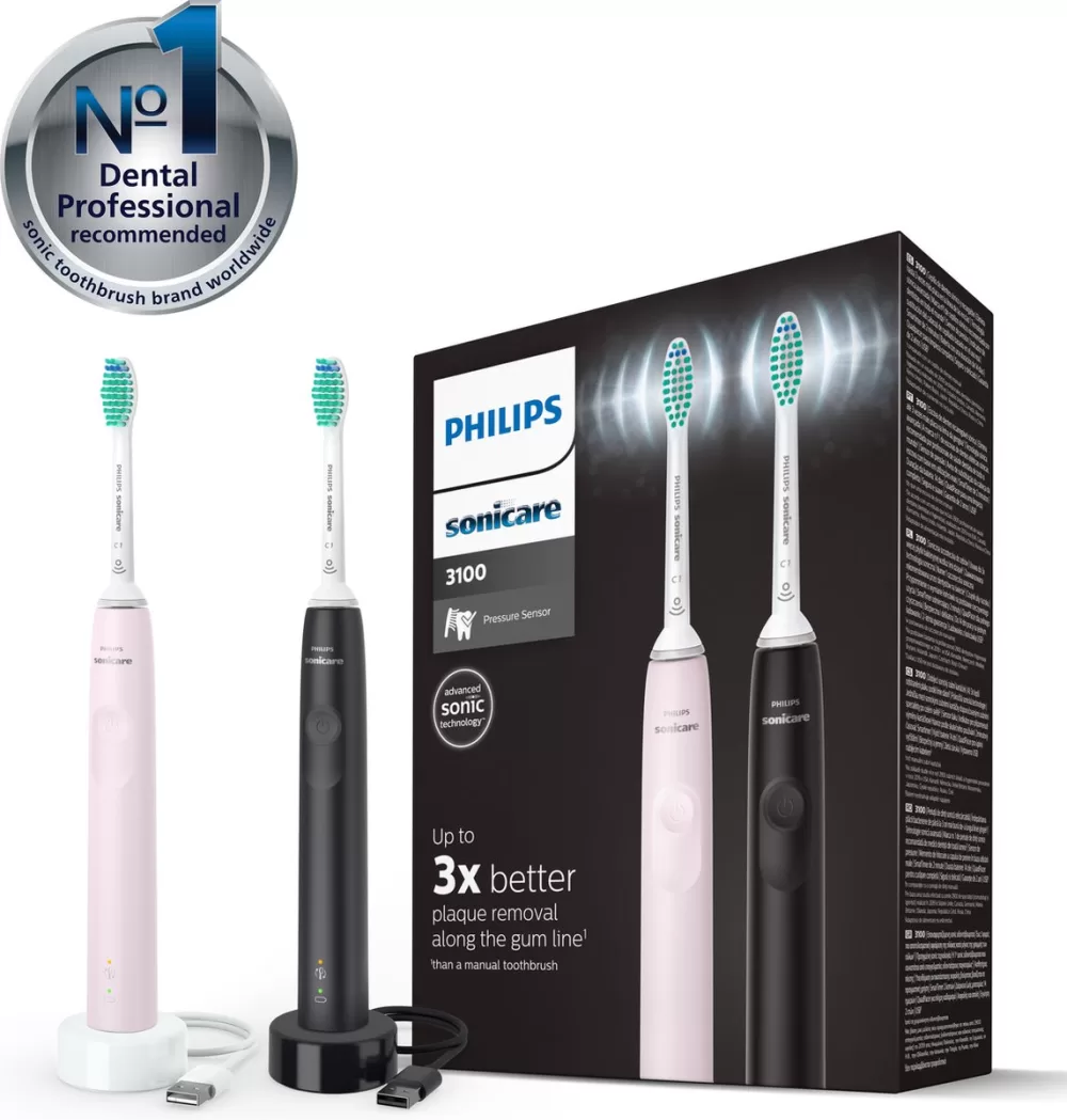 Philips Sonicare 3100 HX3675/15 Elektrische Tandenborstel - Duopack Zwart & Roze - 3x Beter tegen Tandplak, Druksensor, 14 Dagen Accuduur