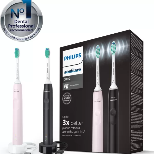 Philips Sonicare 3100 HX3675/15 Elektrische Tandenborstel - Duopack Zwart & Roze - 3x Beter tegen Tandplak, Druksensor, 14 Dagen Accuduur