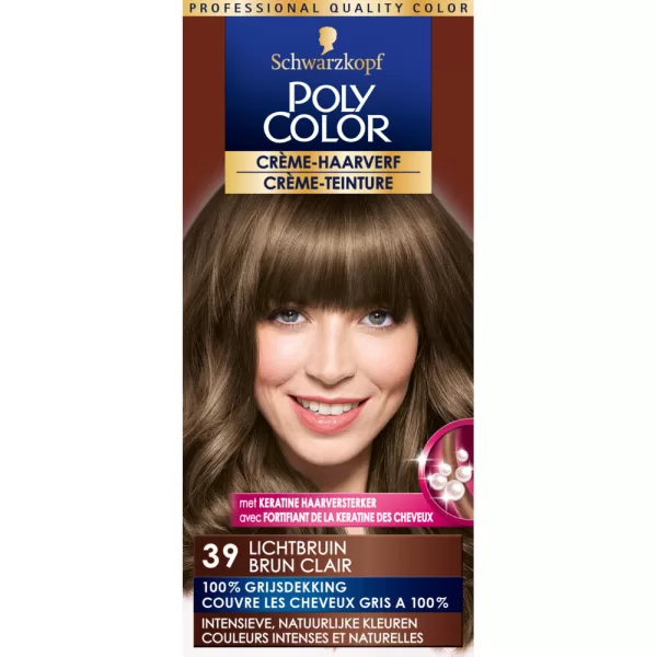 Poly Color Haarverf 39 Lichtbruin - 100% Grijsdekking, Intensieve Kleuring, Keratine & Bescherming voor Gezond Haar