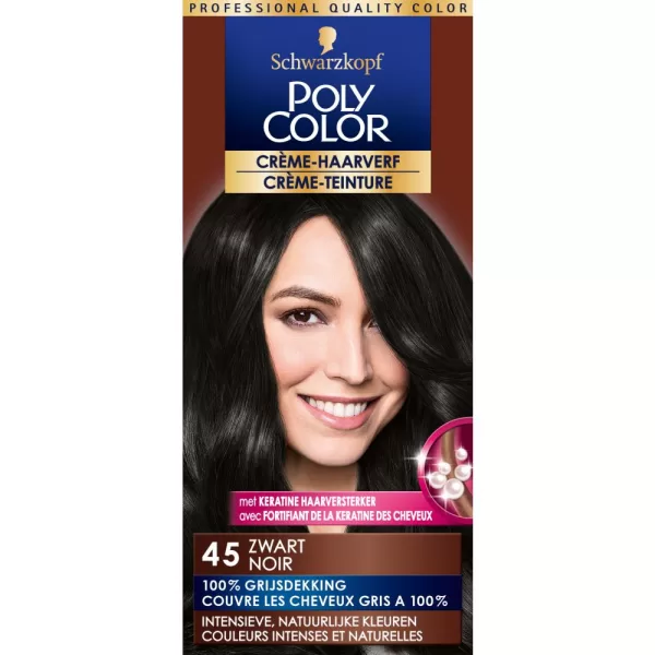 Poly Color Haarverf 45 Zwart - Duurzame Kleur, Perfecte Grijsdekking, Natuurlijke Resultaat - Kleurpigmenten voor Diepe Kleur