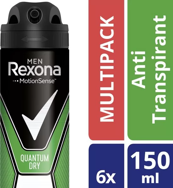 Rexona Men Deodorant Dry Quantum, 6x150ml – 48 uur bescherming, MotionSense technologie, frisse citrusgeur, dermatologisch getest, alcoholvrij