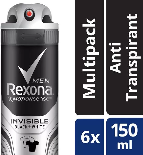 Rexona Deodorant Invisible on Black & White 6x150ml – 48u Bescherming, MotionSense Technologie, Anti-vlekken voor Zwarte & Witte Kleding