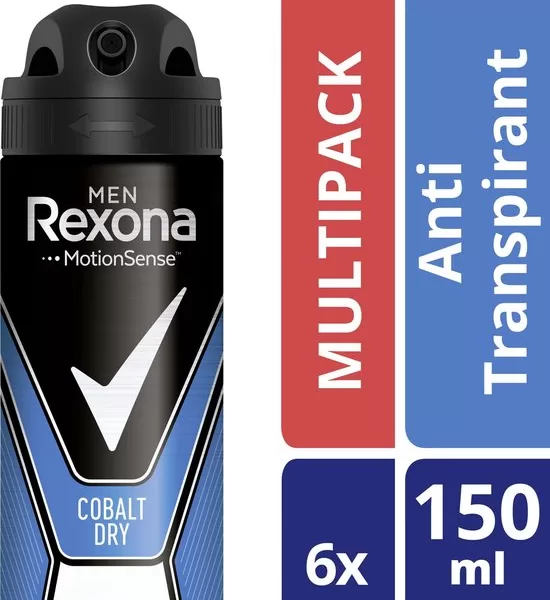 Rexona Men Cobalt Dry Anti-transpirant Spray 6x150ml - 48 uur bescherming, MotionSense technologie, frisse geur van gember en citrus, dermatologisch getest.