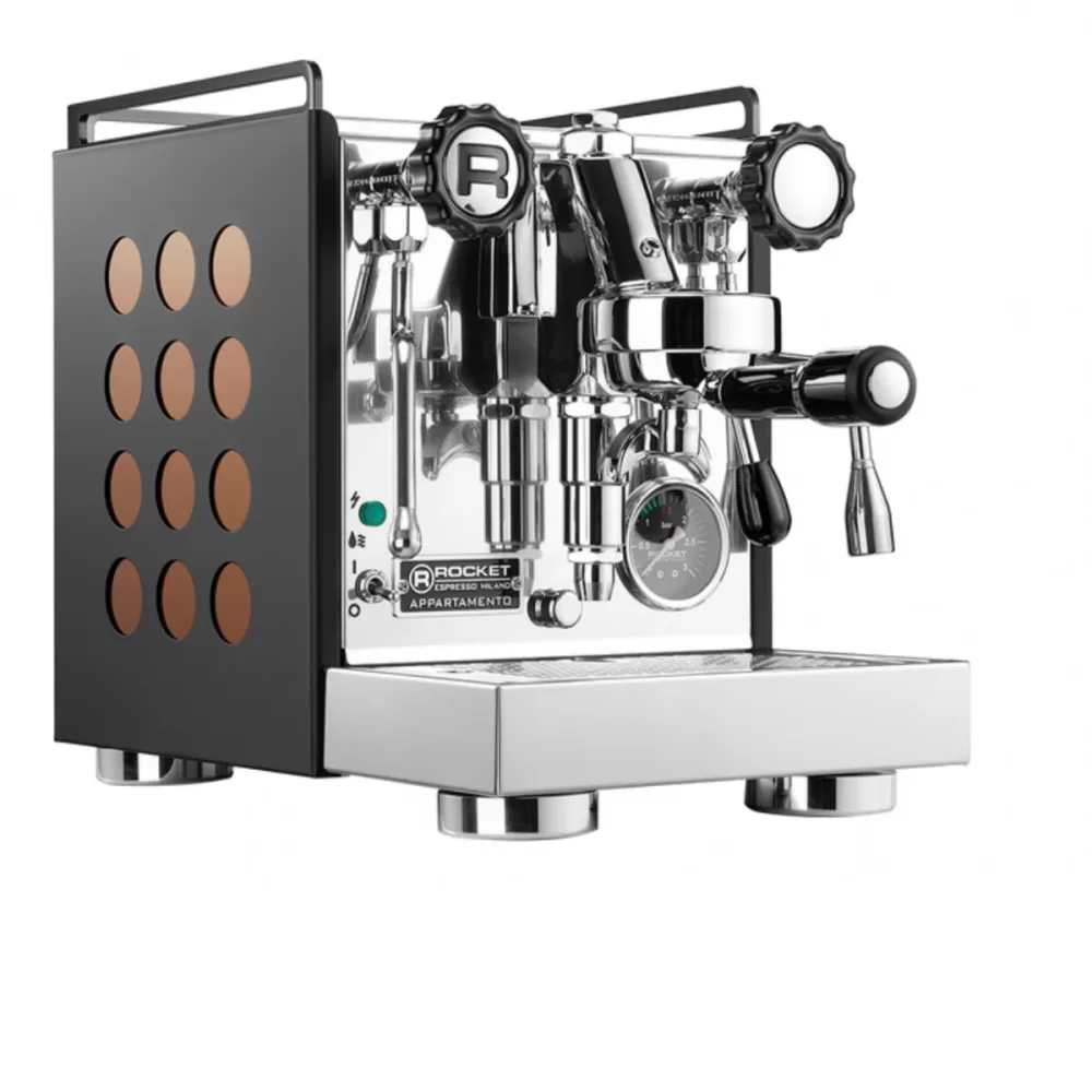 ROCKET Appartamento Nera/Kupfer – Kompakte E61 Siebträger Espressomaschine, 1,8L Kupferkessel, 1200W, inkl. 2 Siebträger & Tamper