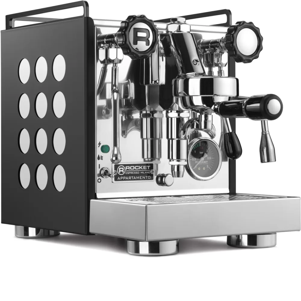 ROCKET Appartamento Nera/Weiß - Kompakte E61 Siebträger Espressomaschine, 1,8L Kupferkessel, 1200W, inkl. 2 Siebträger & Tamper