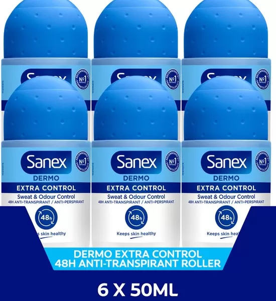 Sanex Dermo Extra Control 48h Anti-transpirant Roller - Voordeelverpakking 6x50ml - Dermatologisch Getest, Herstelt pH, Zorgt voor Gezonde Huid