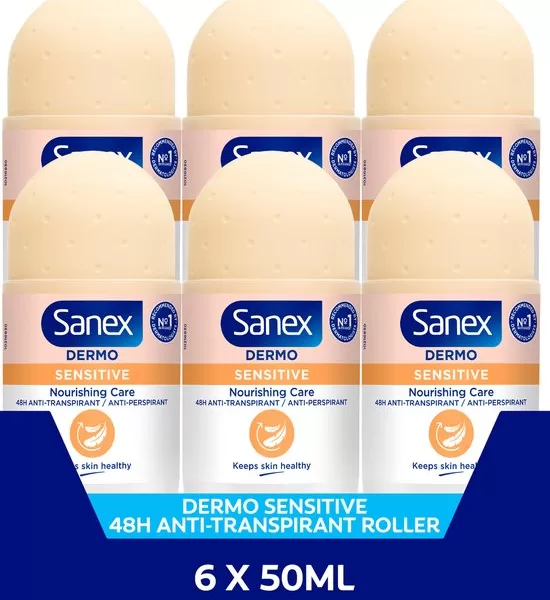 Sanex Dermo Sensitive Anti-Transpirant Roller 6x50ml | Effectieve Bescherming 48u | Voor Gevoelige Huid | Dermatologisch Getest