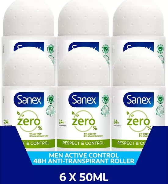 Sanex Zero% Respect & Control Deodorant Roller Set 6x50ml – Vegan, 24u Bescherming, 0% Aluminiumzouten & Ethylalcohol, Dermatologisch Getest