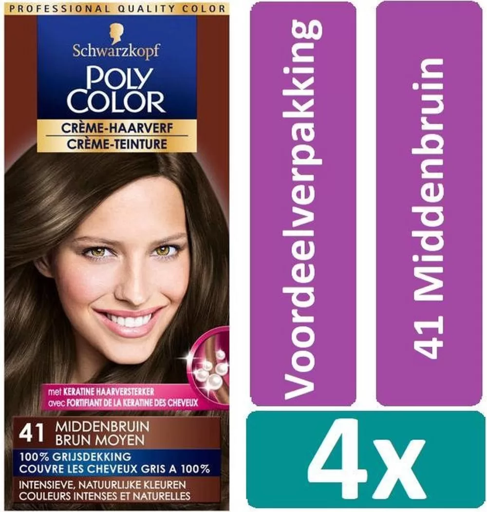 Schwarzkopf Poly Color Crème Haarverf Voordeelverpakking – 4 Stuks, 100% Grijsdekking, Intensieve Kleuren, Keratine Versterker, Natuurlijk Resultaat