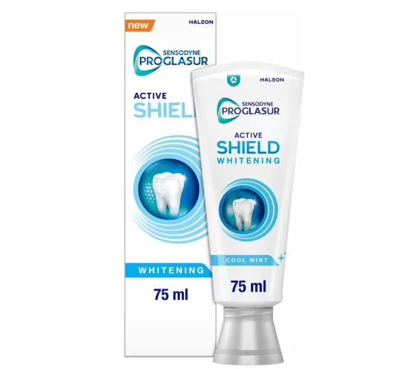 Sensodyne ProGlasur Tandpasta Active Shield Whitening 75 ml – Beschermt tandglazuur, 24u bescherming, voorkomt gaatjes, voor wittere tanden, recyclebaar