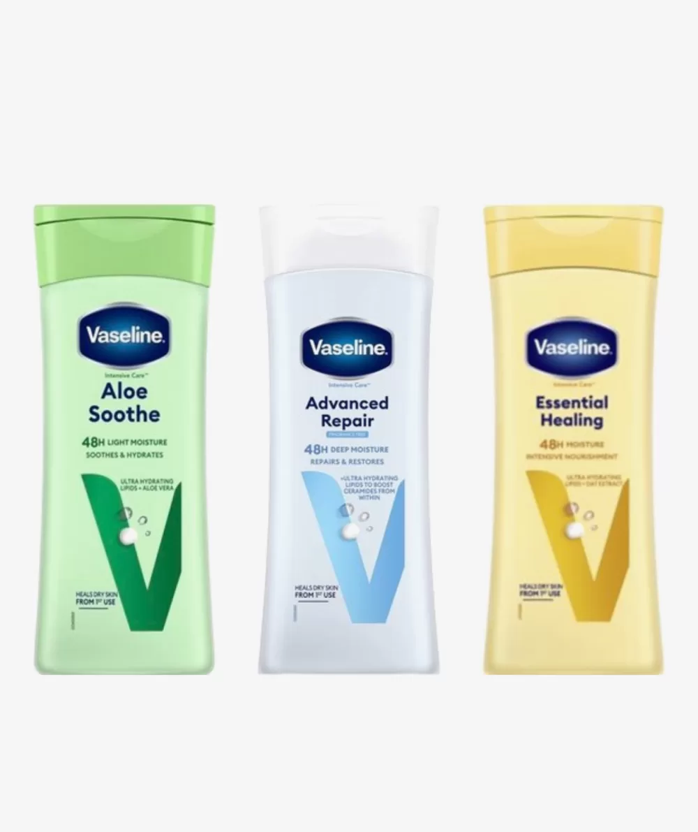 Vaseline Bodylotion 3x400ml - Advanced Repair, Aloe Soothe, Essential Healing - Intensieve Hydratatie voor Droge Huid, Snel In Trekkend, Niet Vet