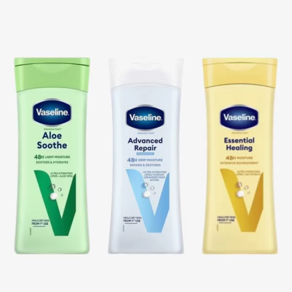 Vaseline Bodylotion 3x400ml - Advanced Repair, Aloe Soothe, Essential Healing - Intensieve Hydratatie voor Droge Huid, Snel In Trekkend, Niet Vet