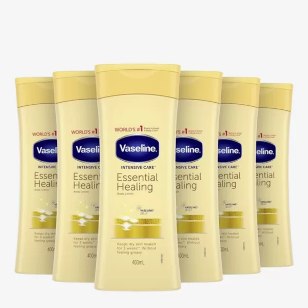 Vaseline Intensive Care Essential Healing Bodylotion 6x400ml - Hydraterende, niet-vette formule voor droge en gebarsten huid, snel absorberend, 3 weken herstel.