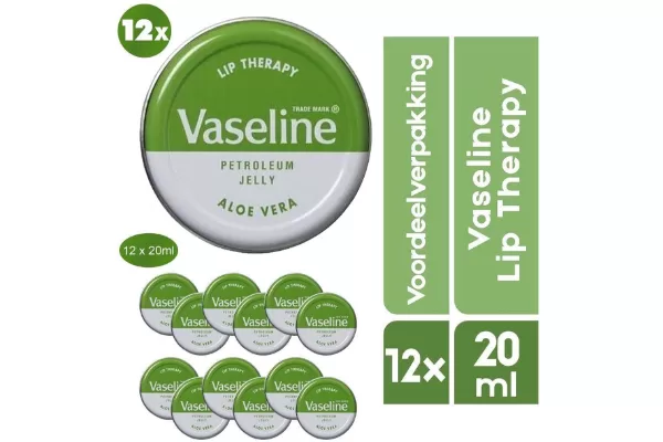 Vaseline Lip Therapy Aloe Vera Voordeelverpakking 12 Stuks - Verzorgende Lippenbalsem in Stijlvol Blikje, Extra Verzachtend