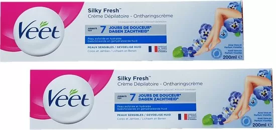 Veet Silky Fresh Ontharingscrème Gevoelige Huid 200ml - 2 Stuks, Voor Lichaam & Benen, Met Aloë Vera, 7 Dagen Zacht, Geen Uitslag