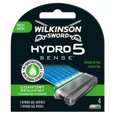 Wilkinson Hydro 5 Sense Rasierer – 4 Stück, mit Feuchtigkeitsstreifen für sanfte Rasur, ideal für empfindliche Haut, langlebige Klingen.